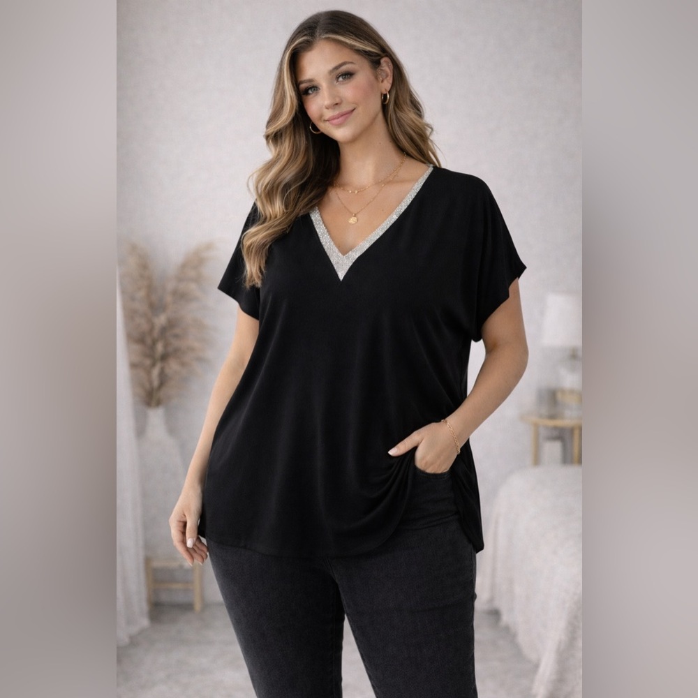 Vince Camuto Black V-Neck Blouse w/ Silver Trim | Size XL | Elegant & Flowy